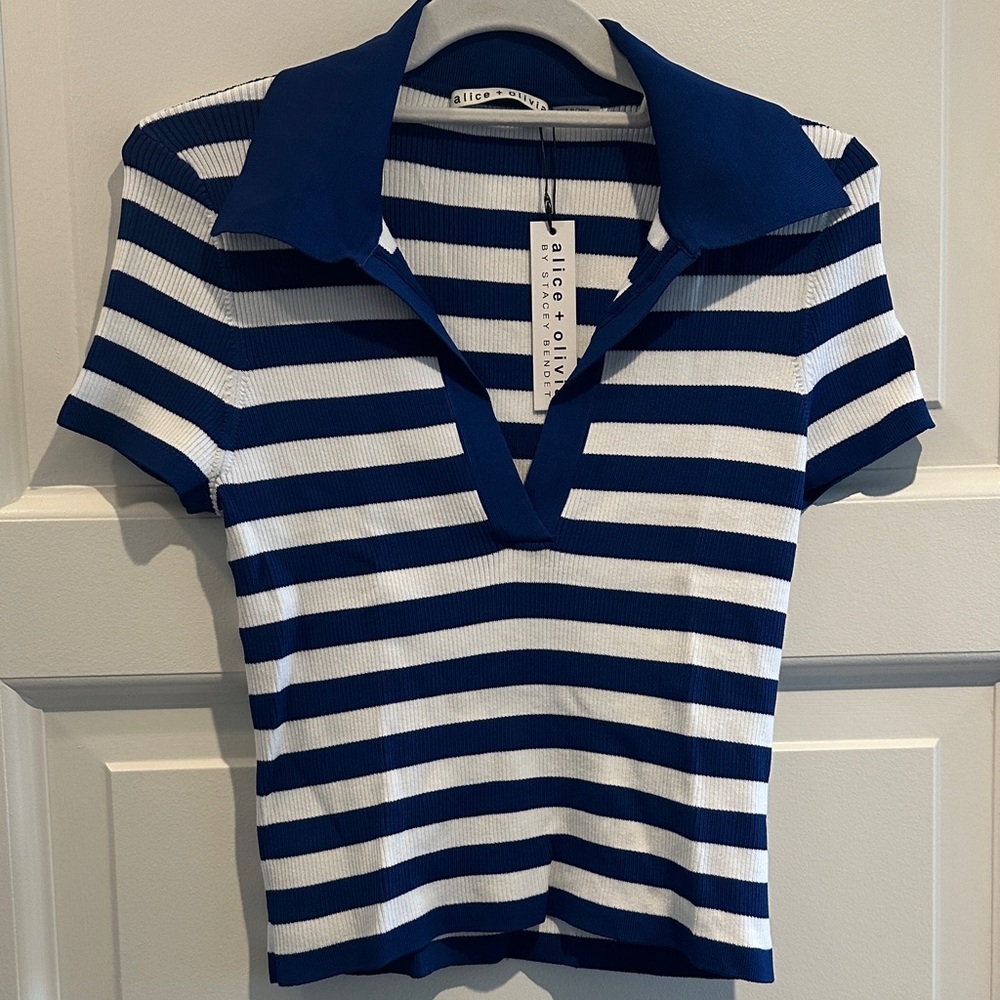 Alice and Olivia Cropped Polo Top in Cobalt Blue and White Stripes-Womens small